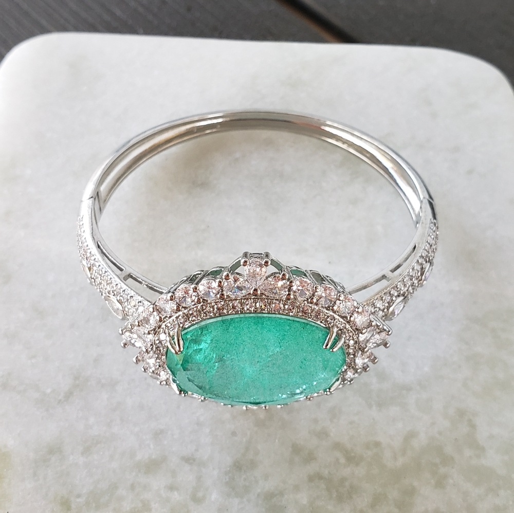 Real natural green blue tourmaline gemstone platinum plated bangle bracelet - Picture 5 of 6